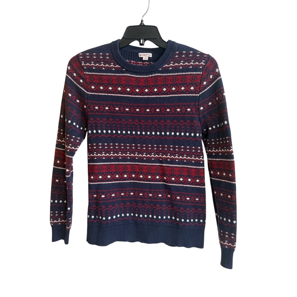 Merona Mens Fair Isle Crewneck Sweater Navy Blue Red White Size Small
